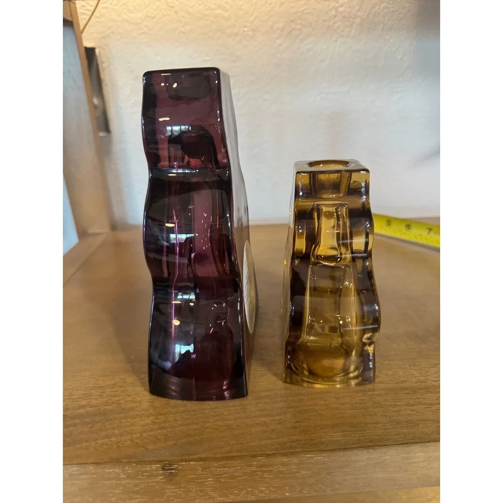 Threshold Large Wavy Taper Candle‎ Holder Set Plum Amber Glass